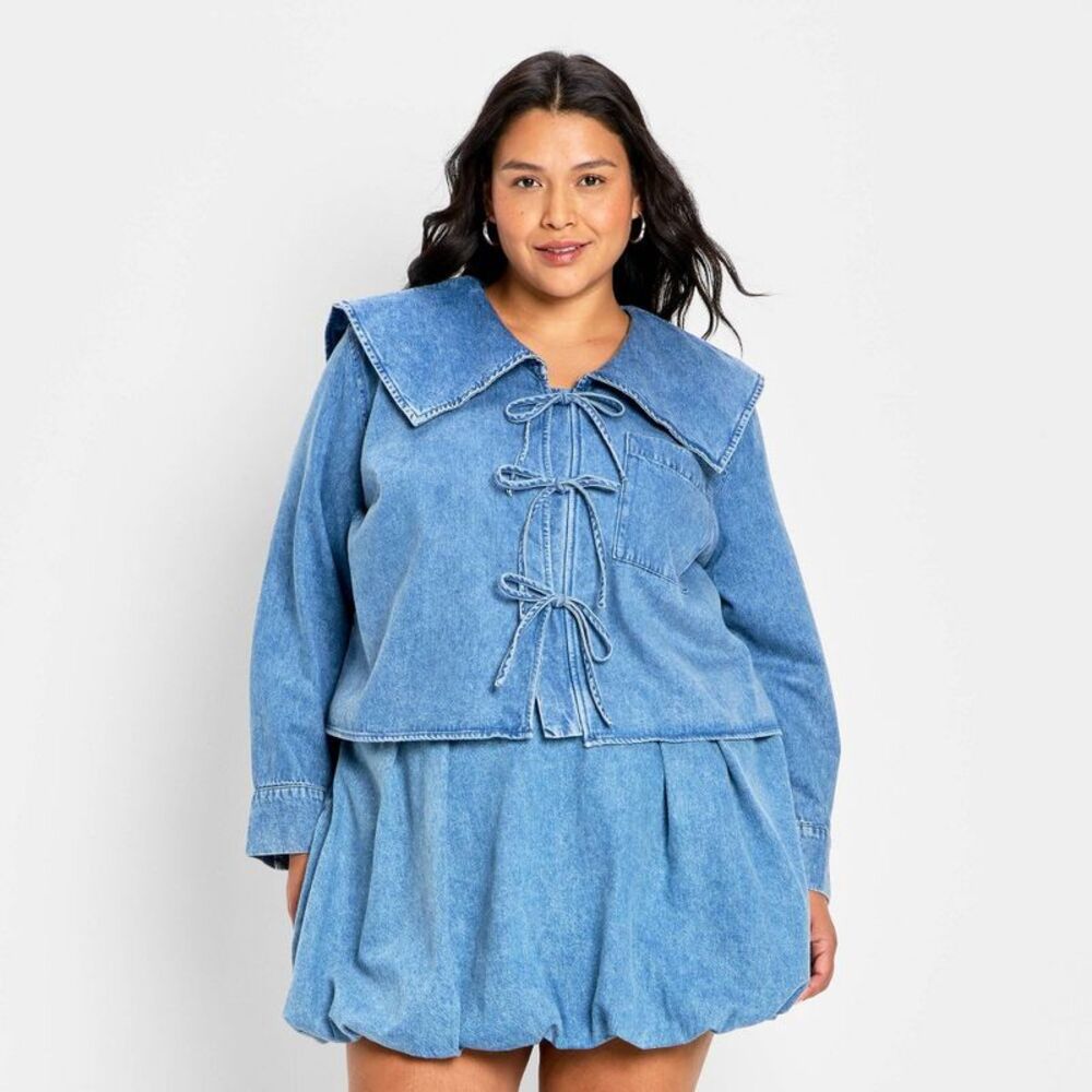 Future Collective - Women's Relaxed Flat Collar Long Sleeve Tie-Front  Blue